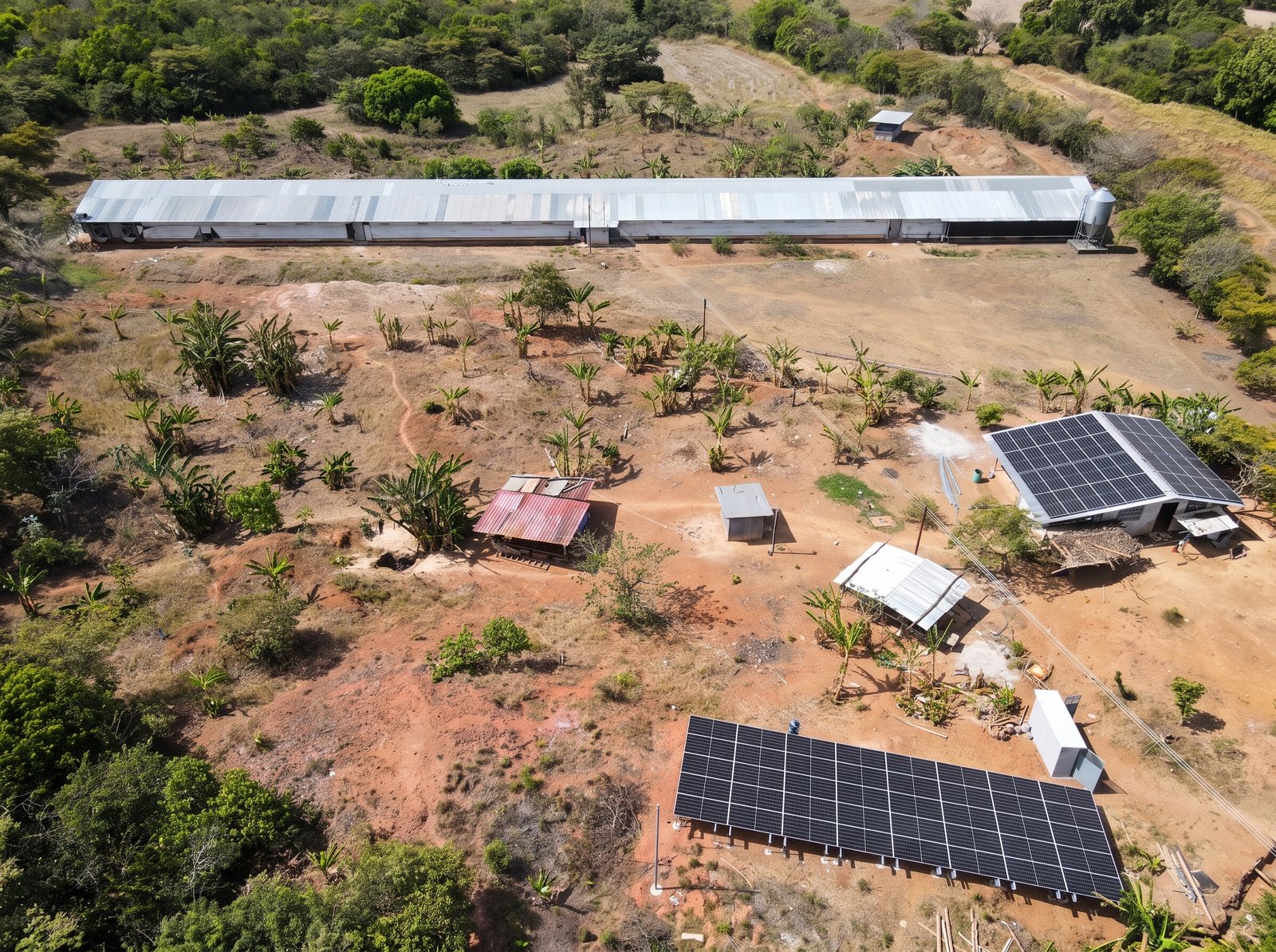 Sistema solar de GreenTec en finca, con paneles en suelo y galera